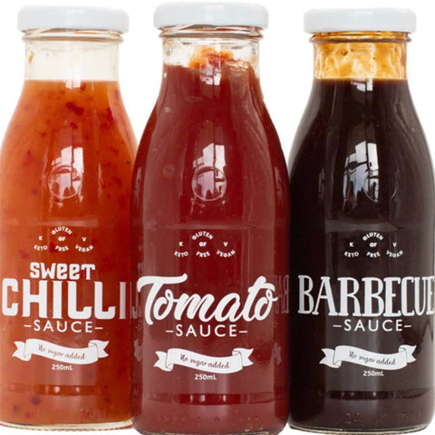 Low-Carb Sauces MIXED PACK 3 x 250ml Sweet Chilli, BBQ, Tomato. No sugar added.